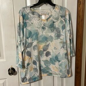 Plus womens textured lace neck summer top. 3/4 sleeves, split side hems.